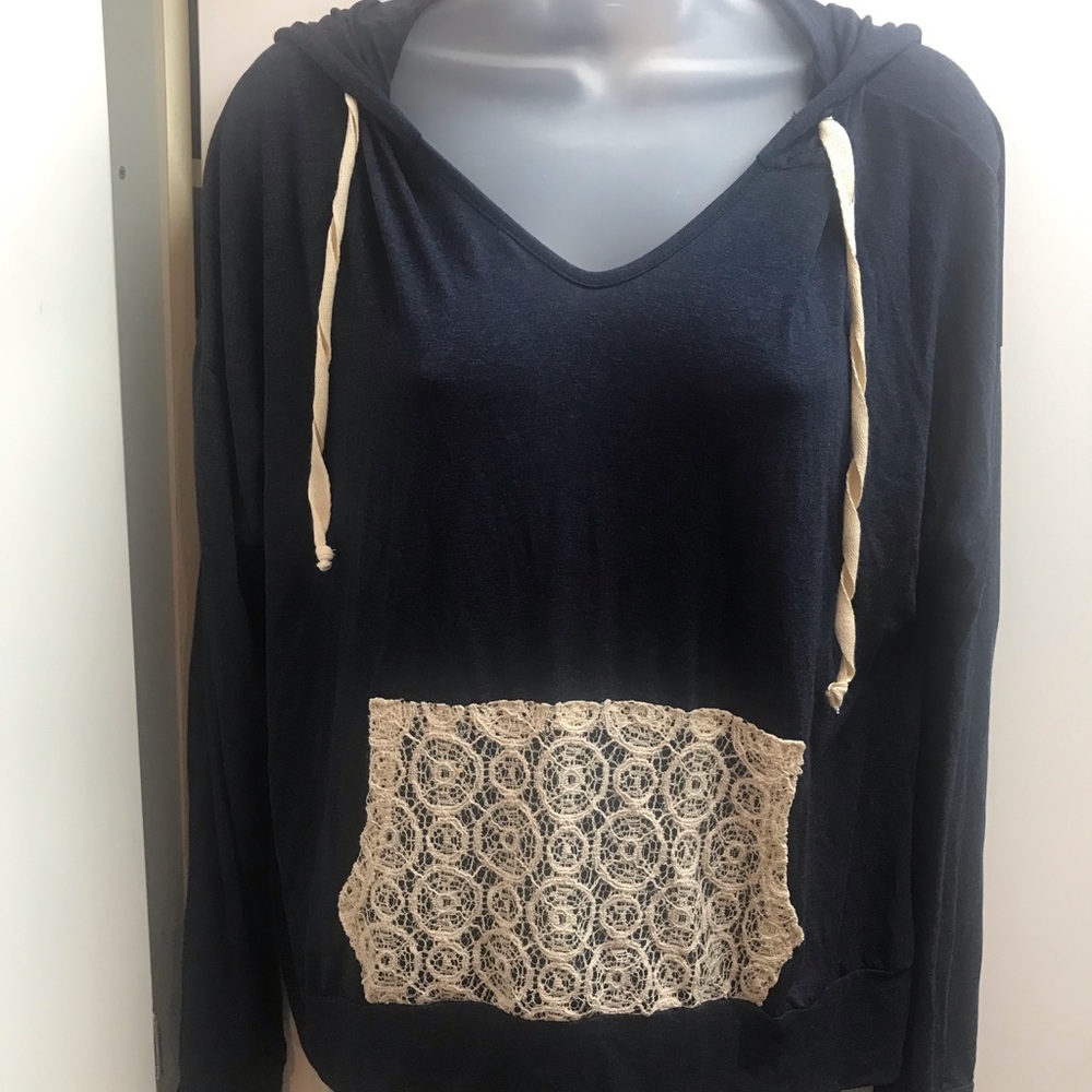 Mauve brand navy blue with lace accents hooded top